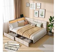 Lit Double 140x190cm avec 2 Tiroirs, Canapé Lit avec LED et USB, Tête de Lit d’Angle Capitonnée, Sommier à Lattes, Lin, Beige