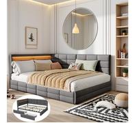 Lit Double 140x190cm avec 2 Tiroirs, Canapé Lit avec LED et USB, Tête de Lit d’Angle Capitonnée, Sommier à Lattes, Lin, Gris