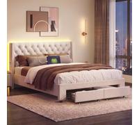 Lit Double 140x190cm avec 2 Tiroirs, Lit Coffre avec Sommier LED et USB | Lit Rembourré en Velours Beige avec Rivets et Poches de Rangement, Lit Double avec à Lattes et Espace de Rangement