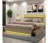 Lit Double 140x190cm avec Éclairage LED et Charge USB,lit 2 Personnes avec 4 Tiroirs,Lit de Tiroir Facile à Assembler,Lin,sans Matelas, Beige