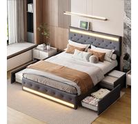 Lit Double 140x190cm avec LED et USB,Lit Coffre avce 4 tiroirs,Lin Gris | Lit 2 Personnes avec Sommier à Lattes,Tête de lit Rembourrée,Cadre de Lit avec Rangement pour Adultes et Adolescents