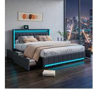 Lit Double 140x190cm avec LED et USB,Lit Rembourré avec 4 Tiroirs,Lits Rangement,lit Fonctionnel pour Adult et Adolescents,Lin,Gris