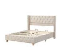 Lit double 140x190cm avec sommier à lattes et tête de lit 2 personnes cache-bouton jeu de rivets lin lit adulte , beige