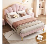 Lit Double 140x190cm Lit Adulte Lit Coquille avec Pieds En Fer Doré TêTe De Lit RéGlable,Rose