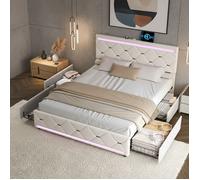 Lit double 140x190cm, lit capitonné avec 4 tiroirs et sommier à lattes, tête de lit LED avec compartiment de rangement et USB, beige