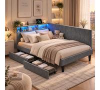 Lit Double 140x200 avec 2 tiroirs et Espace de Rangement, Lit rembourré en L avec Lampe LED et USB, parois latérales interchangeables, canapé-lit Moderne, sans Matelas (Gris C, 140 * 200)
