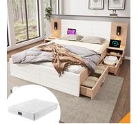 Lit double 140x200 avec rangement par 2 tiroirs tête de lit lumineuse 360° et port USB matelas 7 zones inclus bois massif et MDF