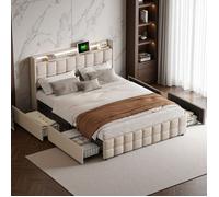 Lit double 140x200 avec sommier et rangement - 4 tiroirs, tête capitonnée lin beige, ports USB & LED d’ambiance, style scandinave.