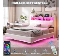 Lit Double 140x200 avec Sommier et Rangement, Lit 2 Personnes pour Adulte avec Bandes LED, Ports USB et Type-C, Tissu Lin, Beige