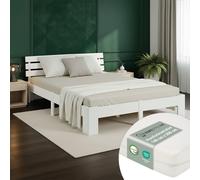Lit double 140x200 bois massif blanc avec matelas + sommier confort Homestyle4u