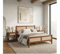 Lit Double 140x200 CEFIRA, Couleur Châtaigne, Tête & Pied de Lit en Rotin Tressé en bois massif
