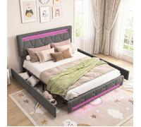Lit double 140x200 cm avec LED et 4 tiroirs, lit adulte avec rangement, lit 2 personnes avec sommier, lit capitonné, tissu lin gris