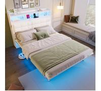 Lit Double 140x200 cm avec LED, Tables de Chevet Coulissantes et Recharge USB/Type-C - Blanc, Cadre Métal