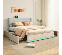Lit Double 140x200 Cm Beige, LED, USB, 4 Tiroirs Métal, En Lin, Pratique Et Moderne Pour Adulte