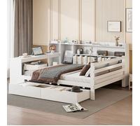 Lit double 140x200 cm - Bois massif - Canapé-lit - Bureau - Compartiments de rangement - Ports de recharge - 2 tiroirs Blanc