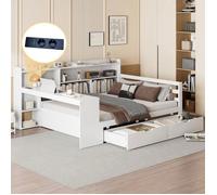 Lit double 140x200 cm - Bois massif - Canapé-lit - Bureau - Compartiments de rangement - Ports de recharge - 2 tiroirs - Blanc,O.Y