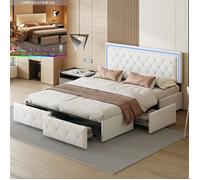 Lit double 140x200 cm - DANS LES NUAGES - Tissu PU blanc - 4 tiroirs - LED couleur changeante - Sommier à lattes