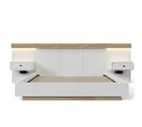 Lit double 140x200 cm effet flottant avec 2 tables de chevet LED USB et Type-C chêne Sonoma et blanc