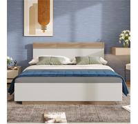 Lit double 140x200 cm en bois, Lit adulte avec 2 commodes de nuit LED et prise USB-C, Lit 2 personnes, Set en chêne Sonoma/blanc