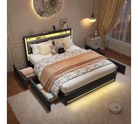 Lit double 140x200 cm en tissu lin gris avec LED intégrées, tête et pied de lit lumineux, 4 tiroirs de rangement, ports USB & Type-C