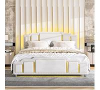 Lit double 140x200 cm en velours coloris beige coffre relevable tête de lit éclairage LED dimensions 212x145x102 cm