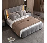 Lit double 140x200 cm en velours gris avec LED 16 couleurs, tête de lit réglable 3 positions, sommier à lattes et design matelassé