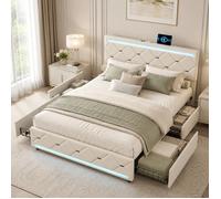 Lit Double 140x200 cm, Lit adulte avec 4 tiroirs et sommier à Lattes, Tête de lit LED avec Compartiment de Rangement et 2 USB, Beige
