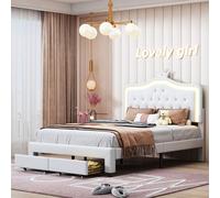 Lit double 140x200 cm, lit simple avec sommier à lattes, tiroirs, LED, lit princesse avec couronne, blanc