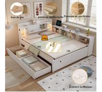 Lit double - 140x200 cm - Tête de lit rangement avec prise de charge - Armoires latérales - 2 tiroirs