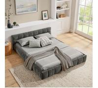 Lit double - 140x200 - Gris foncé - Revêtement chenille matelassé - Bois d'eucalyptus & cadre en fer (300 kg)