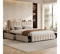 Lit double 140x200, lit avec rangement, lits avec éclairage LED et 4 tiroirs, lit capitonné avec rangement, lit pour adolescents avec fonction de charge USB intégrée dans la tête de lit, sommier à lat