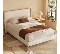 Lit Double 140x200cm avec Cadre à Lattes et Tête de Lit Tissu Gris Beige, Style Scandinave, Design Minimaliste (Sans Matelas)