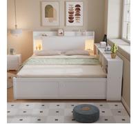 Lit double 140x200cm avec prise de recharge, tête de lit avec compartiment de rangement + 2 LED, lit 2 personnes avec tiroirs,