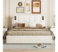 Lit double 140x200cm en tissu velours beige avec coffre de rangement hydraulique, tête de lit cloutée avec lampes de lecture intégrées