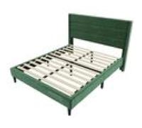 Lit double 140x200cm en velours vert - style scandinave - sommier à lattes - bois massif
