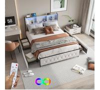 Lit double 140x200cm - Noname - Velours beige - 4 tiroirs - LED - Station de recharge