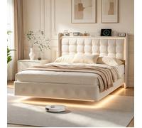 lit double 140x200cm velours beige lit suspendu tête lit LED RGB station recharge USB-C sommier lattes chambre adulte moderne