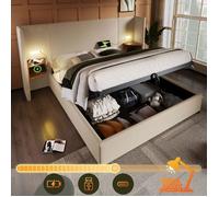 Lit double 160×200 avec table de nuit, lampe de lecture et prise USB type C pour recharger, avec espace de rangement sous