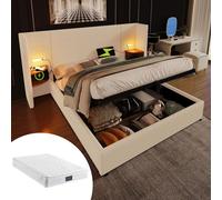 Lit double 160 × 200 cm avec table de chevet, lampe de lecture et prise USB Type-C, sommier à rangement avec lattes en bois massif (matelas inclus)