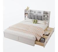 Lit double 160/200 cm blanc et gris en pin et MDF avec 3 tiroirs