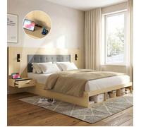 Lit double 160×200 cm - Chêne clair - Rangement avec tiroirs - Ports USB & Type-C modulables - Spots pivotants 360°