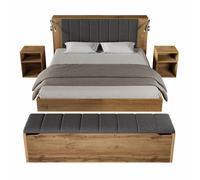 Lit double 160/200 cm chêne en bois avec lampes USB et rangements