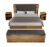 Lit double 160/200 cm chêne en bois avec USB chevets et banc-coffre