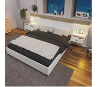Lit double 160×200 cm Lit 2 personnes Livré avec 2 tables de chevet LED et prise USB C, chêne/blanc (matelas non inclus)