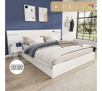Lit double 160 × 200 cm, lit en bois, avec port USB, horloge électronique, haut-parleur Bluetooth, bande lumineuse colorée, matelas non inclus