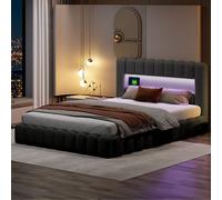 Lit double 160×200cm avec rangements, lit de souche avec éclairage LED, lit capitonné lit adulte lit ado, lin gris