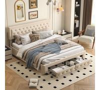 Lit Double 160 X 200 Cm Avec Coffre Et Tiroirs,velours,sommier à Lattes,lit Hydraulique, Beige