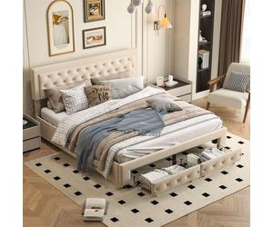 Lit Double 160 X 200 Cm Avec Coffre Et Tiroirs,velours,sommier à Lattes,lit Hydraulique, Beige