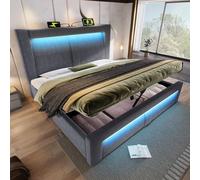 Lit double 160 x 200 cm avec rangement, lit à réglage hydraulique, éclairage LED contrôlable via une application, ports de recharge USB et Type-C, velours, sans matelas