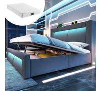 Lit double 160 x 200 cm avec rangement, lit à réglage hydraulique, éclairage LED contrôlable via une application, ports de recharge USB et Type-C, avec matelas